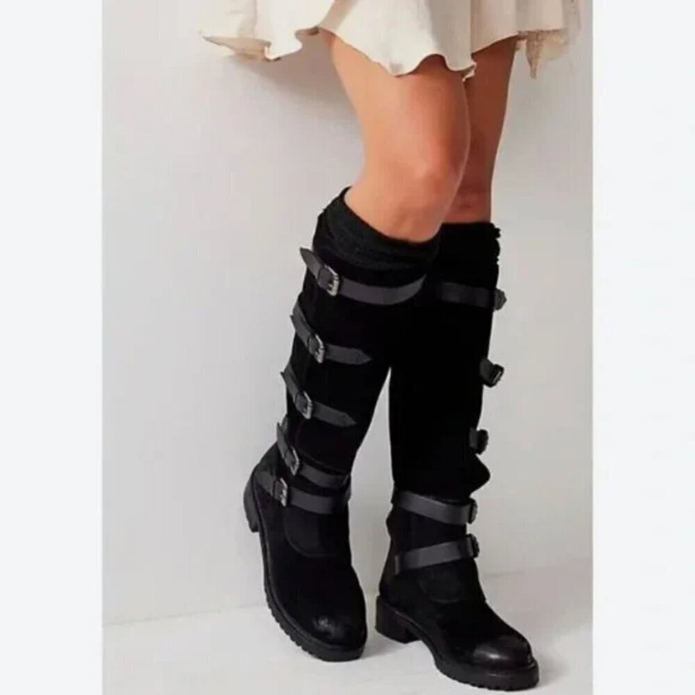 Free People Tristie Buckle Straps Knee High Boots Suede Lug Black